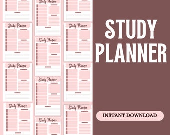 Könnte beinhalten: Ein Satz von 12 druckbaren Studienplaner-Seiten in einem rosa und weißen Farbschema. Die Seiten sind so konzipiert, dass sie Schülern helfen, ihr Studium zu organisieren und ihren Fortschritt zu verfolgen. Der Text "STUDY PLANNER" steht in großen weißen Buchstaben oben im Bild. Der Text "INSTANT DOWNLOAD" steht in weißen Buchstaben auf einem rosa Hintergrund unten im Bild.
