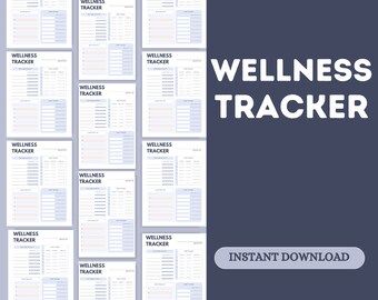 May include: A printable wellness tracker with a light blue and white color scheme. The tracker has sections for daily habits, mood, sleep, water intake, and more. The text "WELLNESS TRACKER" is at the top of the page, and the text "INSTANT DOWNLOAD" is at the bottom of the page.