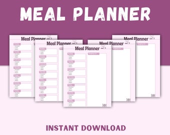May include: Printable meal planner with a pink and white design. The planner includes a weekly meal plan and a shopping list.