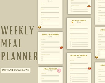 May include: A printable weekly meal planner with a different food icon for each day of the week. The planner includes space for breakfast, lunch, dinner, and ingredients needed.