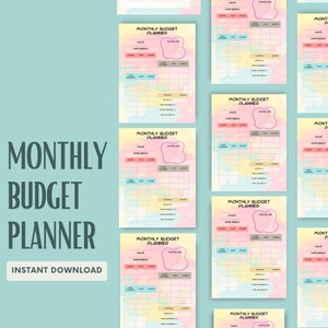 May include: A set of printable monthly budget planner pages with a watercolor background in shades of pink, yellow, and blue. Each page includes sections for income, expenses, and a monthly total.