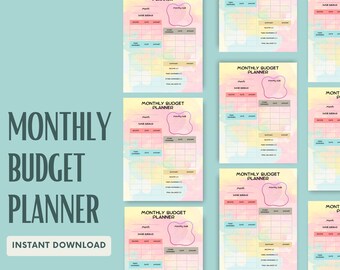 May include: A set of printable monthly budget planner pages with a watercolor background in shades of pink, yellow, and blue. Each page includes sections for income, expenses, and a monthly total.