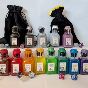 May include: A selection of glass potion bottles with vibrant wax seals and labels, arranged in two rows. The labels feature fantasy-themed names such as "Barbarians Rage" and "Wizards Magic." Dice and two black velvet bags are also visible.