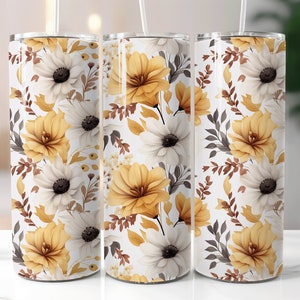 Watercolor Floral Seamless Tumbler Wrap, Floral Fall Sublimation Design, 20 oz Skinny Tumbler, Festive Fall Cozy Tumbler PNG Download File