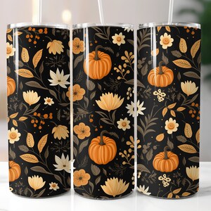 Pumpkin Floral Seamless Tumbler Wrap, Floral Fall Sublimation Design, 20 oz Skinny Tumbler, Festive Fall Cozy Tumbler PNG Download File