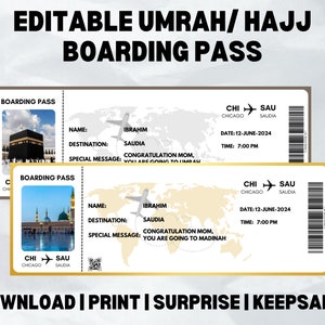 Carte d'embarquement pour le Hajj, billet d'avion modifiable pour le Hajj |Billet révélation surprise| Cadeau souvenir | Cadeau pour couple | Cadeau Omra | Carte d'embarquement à Médine