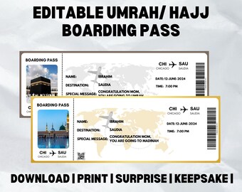 Editable Hajj Boarding Pass: Surprise Trip Reveal (Digital Download)
