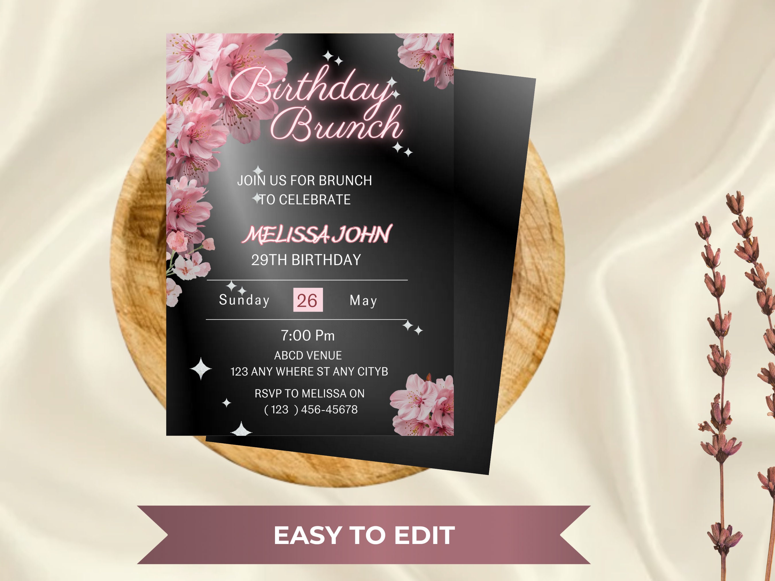 Digital Birthday Brunch Invitation Template, Editable Brunch Party Pink ...