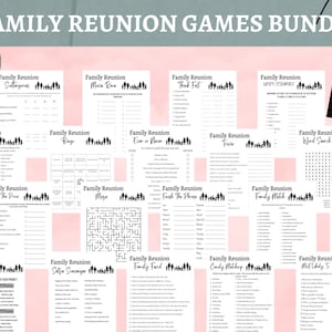 May include: A collection of 20 printable family reunion games, including trivia, word searches, and fill-in-the-blank activities. The text is black on white pages, with a pink background. The bundle is titled "Family Reunion Games Bundle" and is available for instant download.
