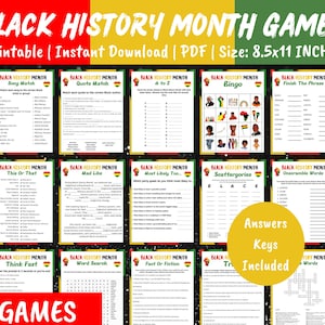 May include: A set of 15 printable Black History Month games, each with a different theme, such as "Song Match", "Quote Match", "This or That", "Mad Libs", "Most Likely To", "Scattergories", "Unscramble Words", "Think Fast", "Word Search", "Fact or Fiction", "True or False", and "Word Scramble". The games are designed to be fun and educational, and they are perfect for celebrating Black History Month.