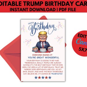 Bearbeitbare Trump Geburtstagskarte | Cartoon-Geburtstagskarte | Lustige Geburtstagskarte| Individuelle Geburtstagskarte | 13x18cm | Trump Geschenk | Einzigartige Geburtstagskarte