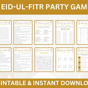 以下が含まれることがあります： 印刷可能なイード・アル・フィトルパーティーゲームテンプレート。ゲームには、単語検索、事実またはフィクション、あなたの携帯電話にあるもの、クロスワードパズル、A-Zレース、トリビア、ビンゴ、三目並べ、キャンディーダイスゲームが含まれています。
