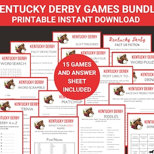 May include: A printable bundle of 15 Kentucky Derby games, including word search, word scramble, trivia, fact or fiction, and more. The games feature a horse and jockey design with red, white, and blue accents.