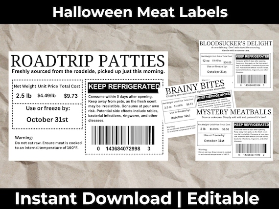 Funny Halloween Fake Meat Labels, Halloween Prank Food Labels Halloween Treat Bags Funny Sticker, Fake food Halloween Labels, Halloween Prop