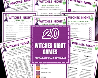 Gry Wiedźm | Gry Wiedźm | Gry do druku | Zestaw gier na imprezę Halloween | Straszne gry imprezowe | Gry na nocny wypad dla dziewczyn