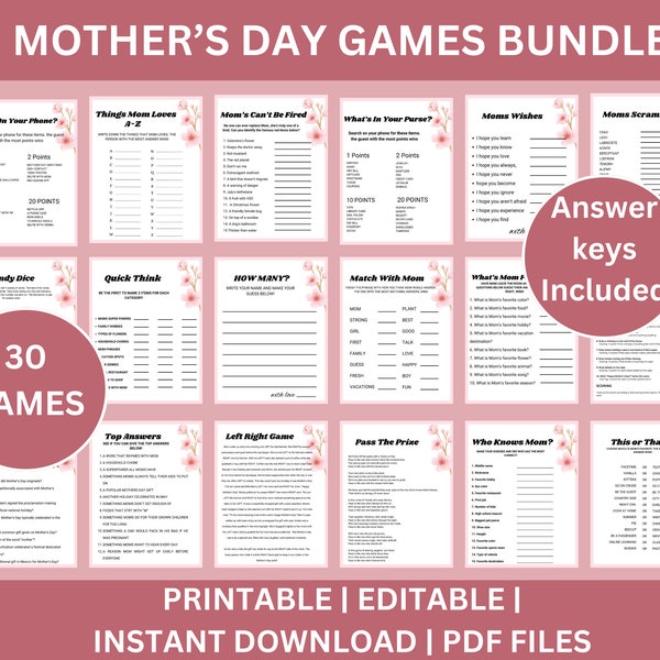 Mothers Day Games Bundle Editable & Printable Mothers Day Brunch Games | Candy Dice | Pass The Gift Game| Who Knows Mommy | Best Mothers Day