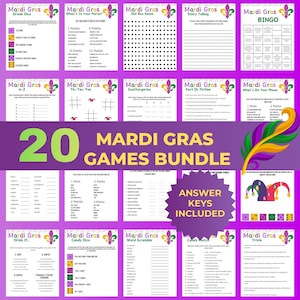 May include: A bundle of 20 Mardi Gras games, including Bingo, trivia, and dice games, with answer keys. The games feature a purple, green, and gold color scheme, with the words "Mardi Gras" prominently displayed.