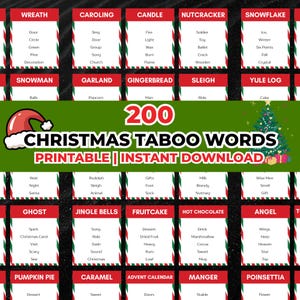 May include: A printable Christmas game with 200 taboo words. The game includes words like "wreath", "caroling", and "candle". The image has a festive design with a Santa hat and Christmas tree.