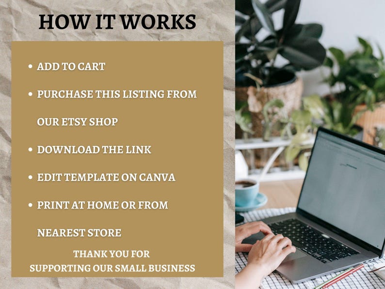 Może przedstawiać: Obraz z tekstem: "HOW IT WORKS" z krokami: Dodaj do koszyka, Kup w sklepie Etsy, Pobierz link, Edytuj szablon na Canva, Drukuj w domu lub w najbliższym sklepie. Dziękujemy za wspieranie naszej małej firmy.