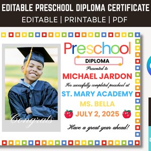 Bearbeitbares Vorschuldiploma mit Foto, PreK-GRADUATION-Zertifikat, personalisiertes Schulschild, Kindergarten-ZERTIFIKAT, letzter Schultag