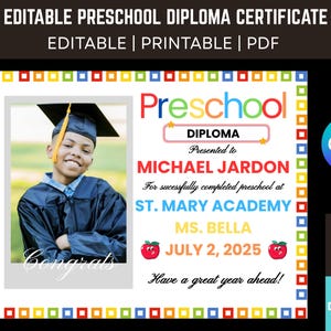 Bearbeitbares Vorschuldiploma mit Foto, PreK-GRADUATION-Zertifikat, personalisiertes Schulschild, Kindergarten-ZERTIFIKAT, letzter Schultag