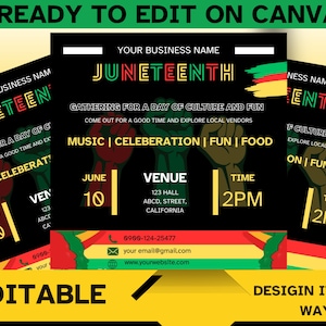 Puede incluir: Un folleto negro y rojo con el texto "Juneteenth" en amarillo y verde. El folleto anuncia una reunión para un día de cultura y diversión el 10 de junio a las 2 PM. El folleto incluye el texto "Música | Celebración | Diversión | Comida" y una dirección.