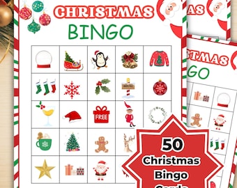Op de afbeelding: Kerstbingo-speelkaarten met een rood-groene rand. De kaarten bevatten feestelijke afbeeldingen zoals een sneeuwpop, kerstboom en de kerstman. De tekst "Christmas Bingo" staat bovenaan, met een rode sterburst-afbeelding met de tekst "50 Christmas Bingo Cards".