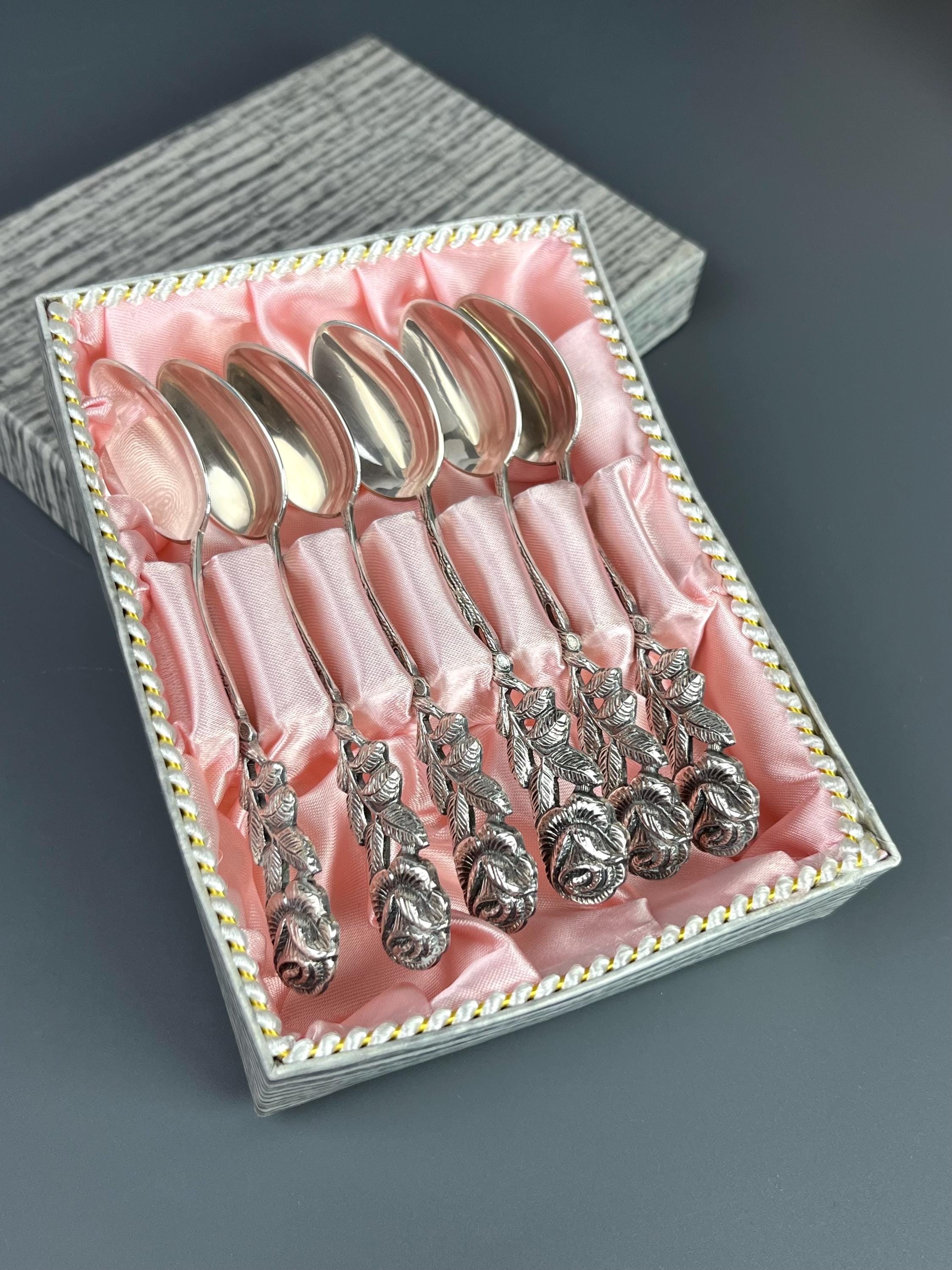 スプーンセット6本　ドイツ製　銀100g　KLEEBLATT ROSE 1959 ◇英国アンティーク銀器【純銀】1900年 ティースプーンセット6本