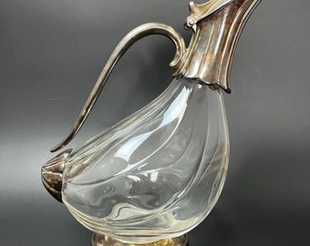 Carafe en forme de canard, cristal, plaqué argent, vintage Allemagne