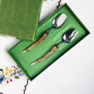 Salad set, spoons, stainless steel/horns, vintage