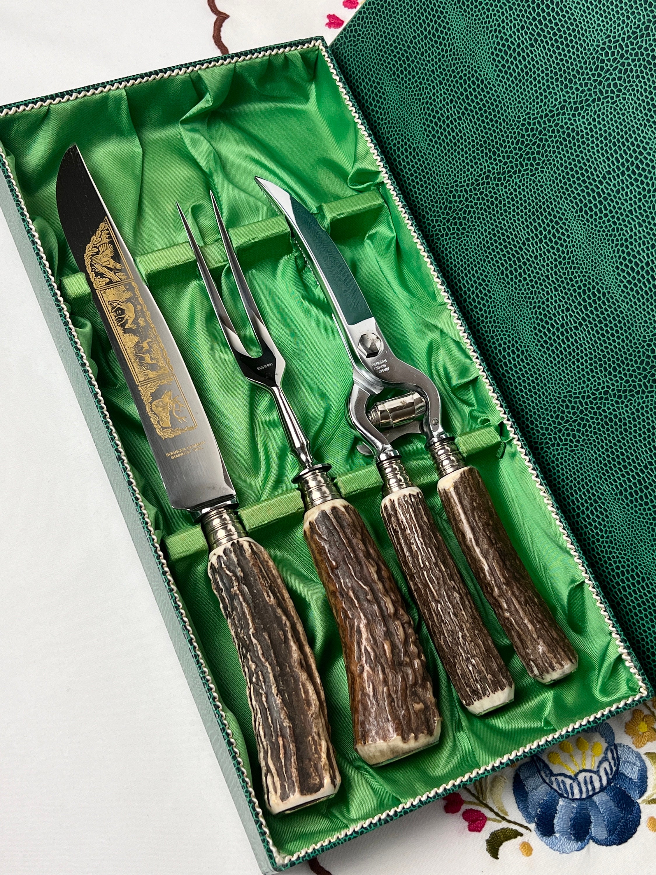 Vintage Steak Knives Silver Elk on Ivory Colored Handles Niresk Industries  Solingen Germany Stainless 