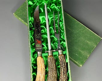 Juego para trinchar carne Solingen – Afilador de cuchillos y tenedores / Alemania vintage / Mangos de asta