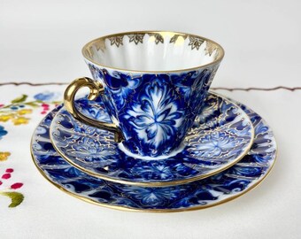 Trío Lomonosov de porcelana, plato de platillo de taza, porcelana imperial, vintage