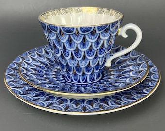Vintage Lomonosov Porcelain Tea Trio, USSR Imperial Tea Cup Saucer Plate