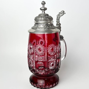 Crystal beer mug with pewter lid, Germany vintage