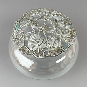 Peut inclure: Un bocal en verre transparent avec un couvercle floral argenté. Le couvercle présente des feuilles et des vignes détaillées. Le bocal a un éclat nacré, reflétant la lumière. Le design est probablement à des fins décoratives.