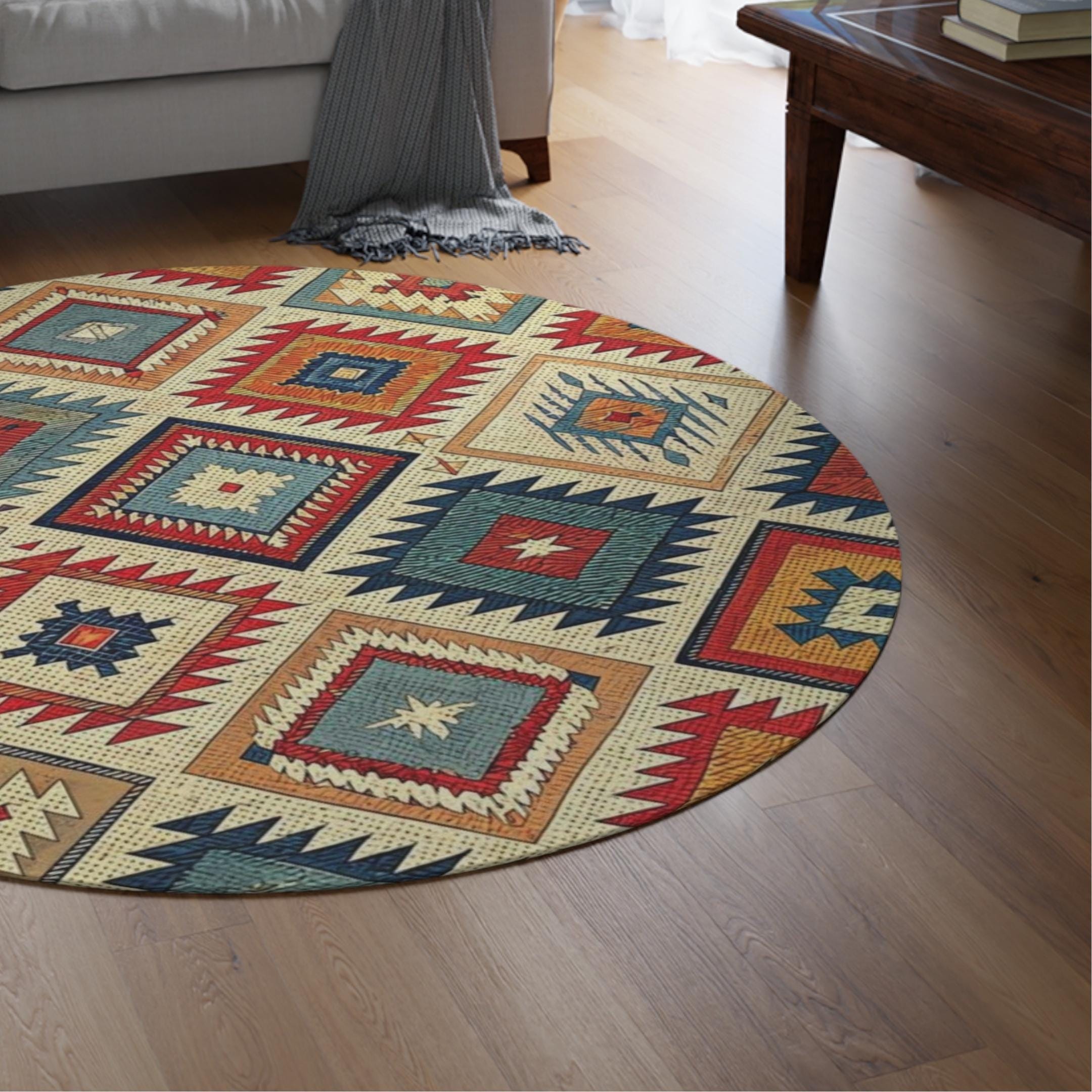 60"X60" Colorful Round Rug, Cozy Living Room Decor, Vintage Style Area Rug, Home Accessory, Kilim rug, oriental rug, ethnic rug, African rug
