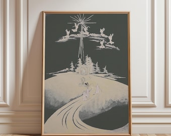 Olive Green Nativity Scene Print: Minimalist Christmas Wall Art (Digital Download)