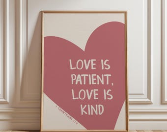 1 Corinthians 13:4 Love is Patient Trendy Girly Christian Poster (Baby Pink), Maximalist Bible Wall Art, Retro Heart Scripture Art