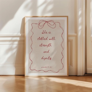 Proverbs 31:25 She is clothed with strength and dignity (Red) Cute Girly Christian Wall Art, Trendy Coquette Bible, Girls Bedroom Decor