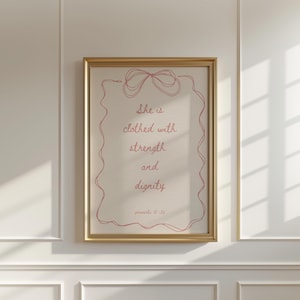 Proverbs 31:25 She is clothed with strength and dignity (Baby Pink) Cute Girly Christian Wall Art, Trendy Coastal Bible, Girls Bedroom Decor