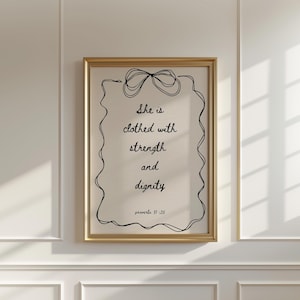 Proverbs 31:25 She is clothed with strength and dignity (Black) Cute Girly Christian Wall Art, Trendy Coquette Bible, Girls Bedroom Decor