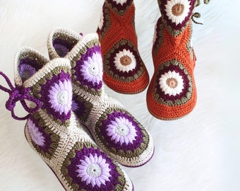 Hand Knit Winter Womens Indoor Slippers, Ladies House/Office Shoes, Knitted Crochet for Women, With Combed-Ecofriendly Yarn