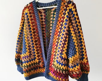 Chaqueta Grandma Square, abrigo de punto afgano de ganchillo, cárdigan de suéter de patchwork de punto, con hilo de algodón orgánico