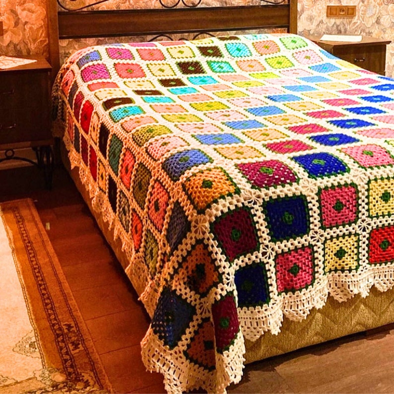 Afghan Boho Crocheted Blanket, Granny Square Winter Patchwork Hand Knit