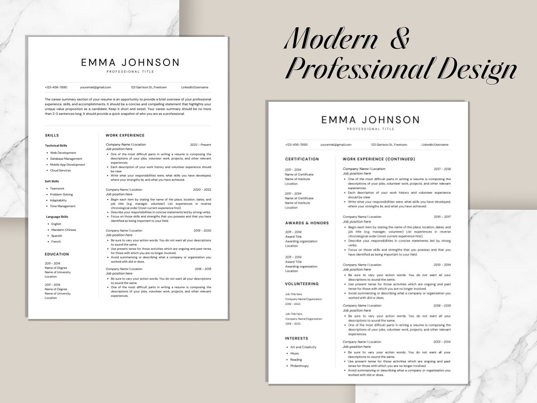 Resume Template Clean Professional Resume Modern Executive - Etsy