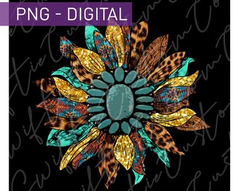 Sunflower Leopard Png,Western Sublimation Design,Sunflower Png,Cowhide Png,Leopard Sunflower Png,Turquoise Sunflower Png,Instant Download