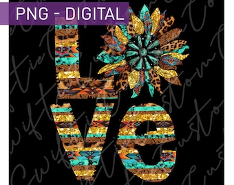 Love Sunflower Leopard Png,Western Sublimation Design,Sunflower Png,Cowhide Png,Leopard Png,Turquoise Sunflower Png,Instant Download