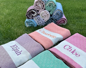 Personalized Turkish Beach Towel, Embroidered Wedding Favor, Organic Cotton