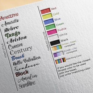 Customization options for Turkish Beach Towels showing font styles and thread colors. Font styles include Brush, Block, Century, Cursive, Freehand, Tango, Times New Roman, Eldorado, and Ariston. Thread colors include Red, Gold, Blue, Green, and more.